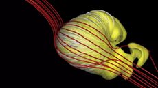 An updated model suggests the shape of the sun&rsquo;s bubble of influence, the heliosphere (seen in yellow), may be a deflated croissant shape, rather than the long-tailed comet shape suggested by other research.