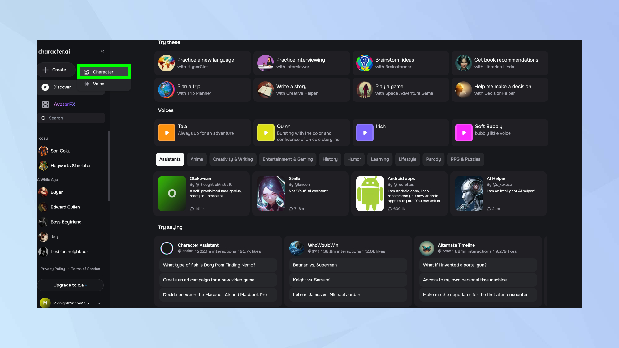 Character.ai create a character or voice