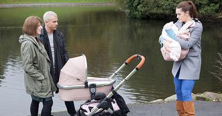 Sienna Blake tries to run away from Joel Dexter and Maggie Kinsella in Hollyoaks.