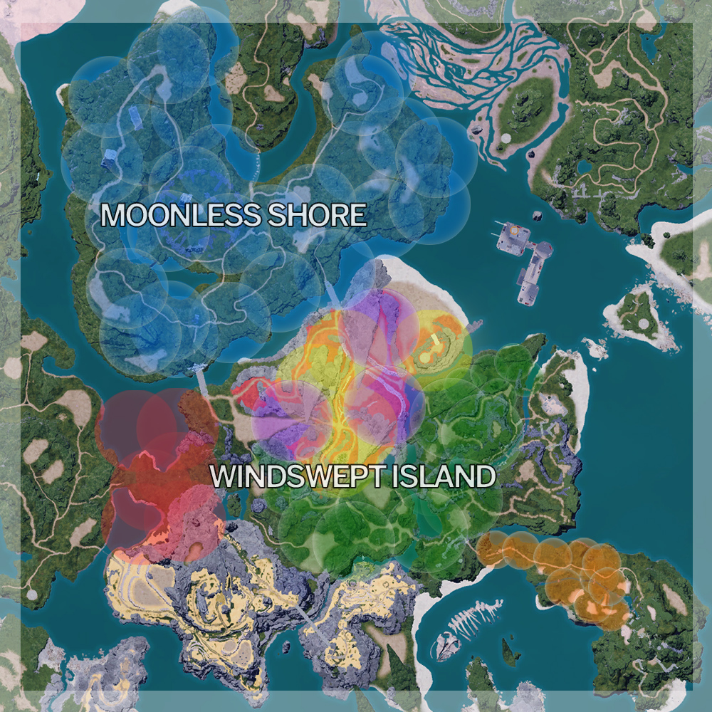 Moonless Shore and Windswept island map from Palworld 1.0. Colorful circles highlight where to catch new pals.