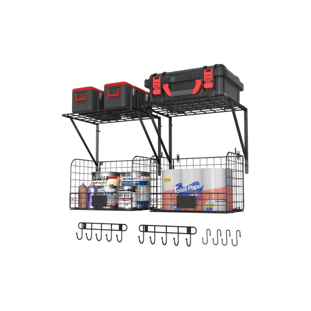 two pack metal grid shelves and hanging boxes