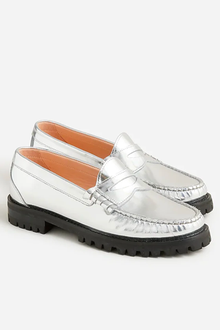 J.Crew September Collection 2023 | Winona Lug-Sole Penny Loafers in Metallic Leather