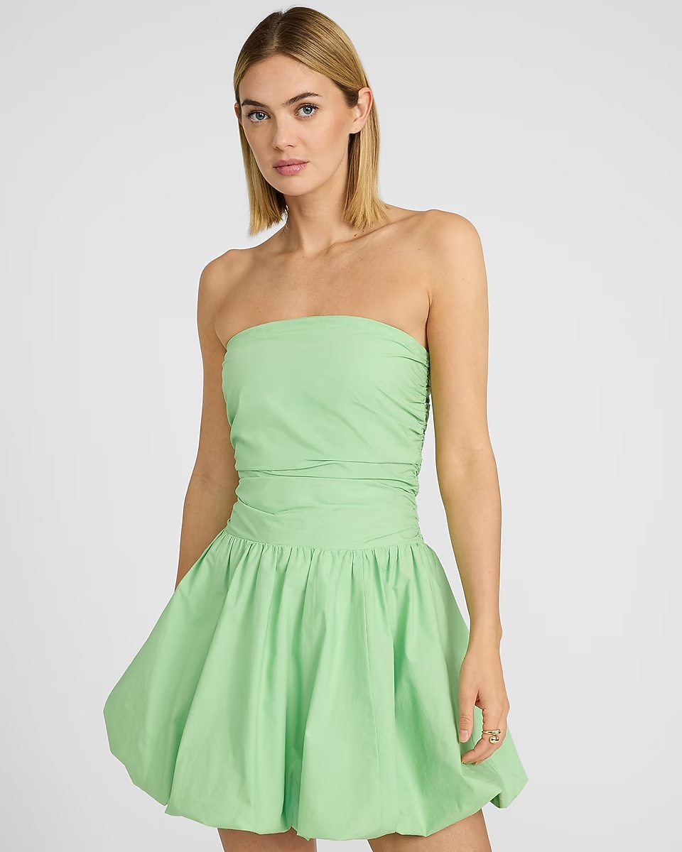 express, Poplin Strapless Drop Waist Bubble Hem Mini Dress with Pockets