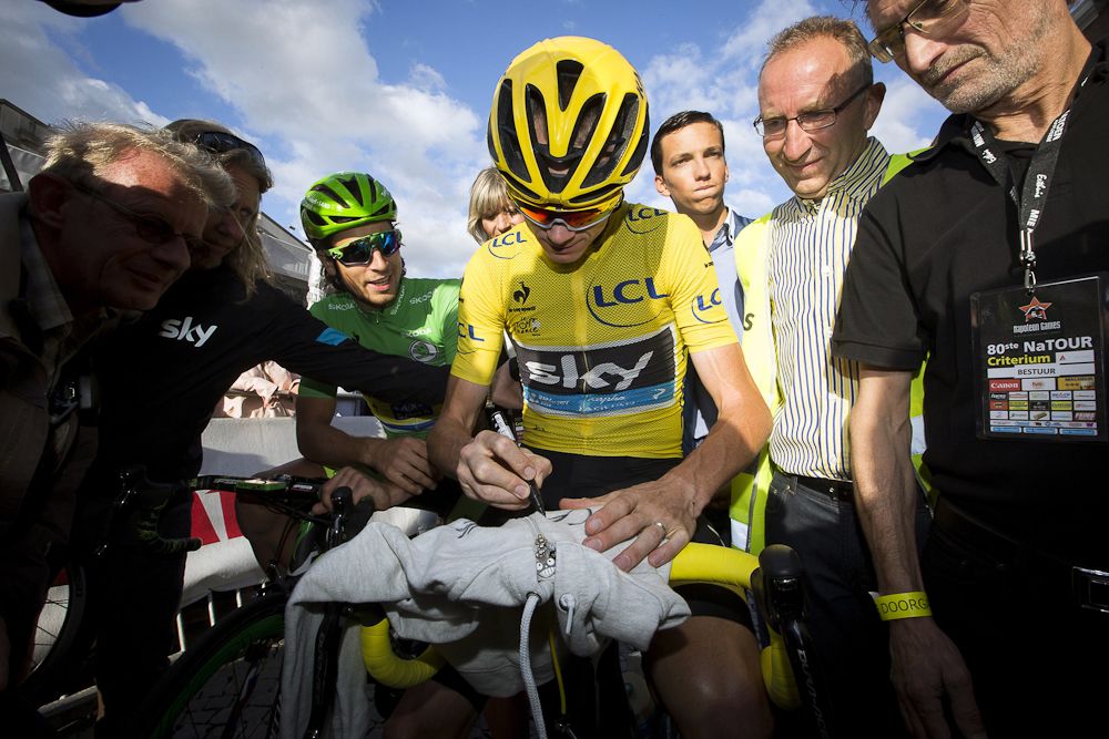 Peter Sagan (Tinkoff-Saxo) and Chris Froome (Team Sky) take part in the 80th edition of the Natourcriterium Aalst on July 27 in Aalst.
