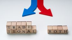 "Traditional" and "Roth" are written on wooden blocks below red and blue arrows pointing in different directions.