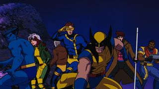 The X-Men poses together in X-Men '97. Beast, Rogue, Morph, Cyclops, Wolverine, Bishop (L-R).