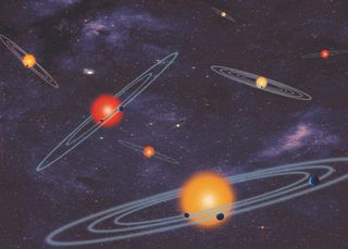An artist concept of stars with multiple planets.