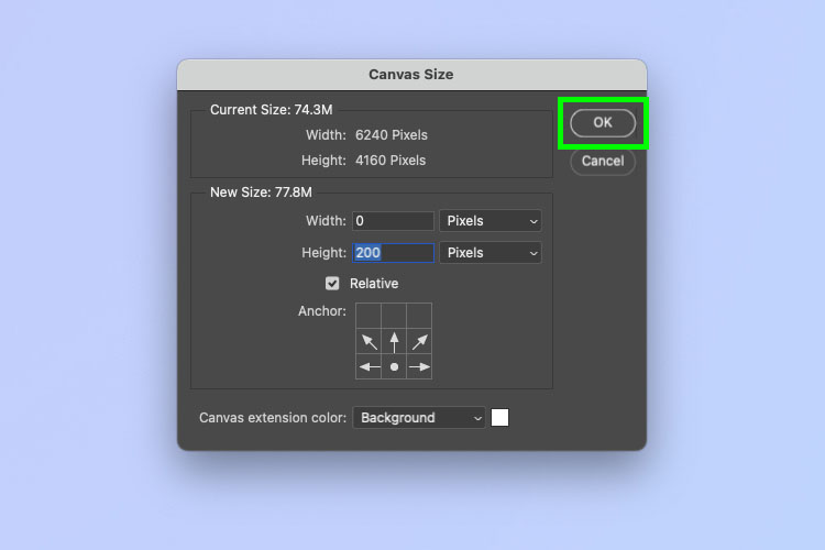 A screenshot showing how to change canvas size in Photoshop