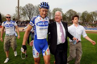 Tom Boonen with his Quickstep boss Patrick Lefevere after his third win