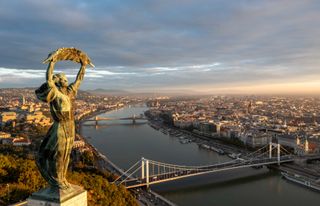 Aerial view from Citadella statue in Budapest at sunrise