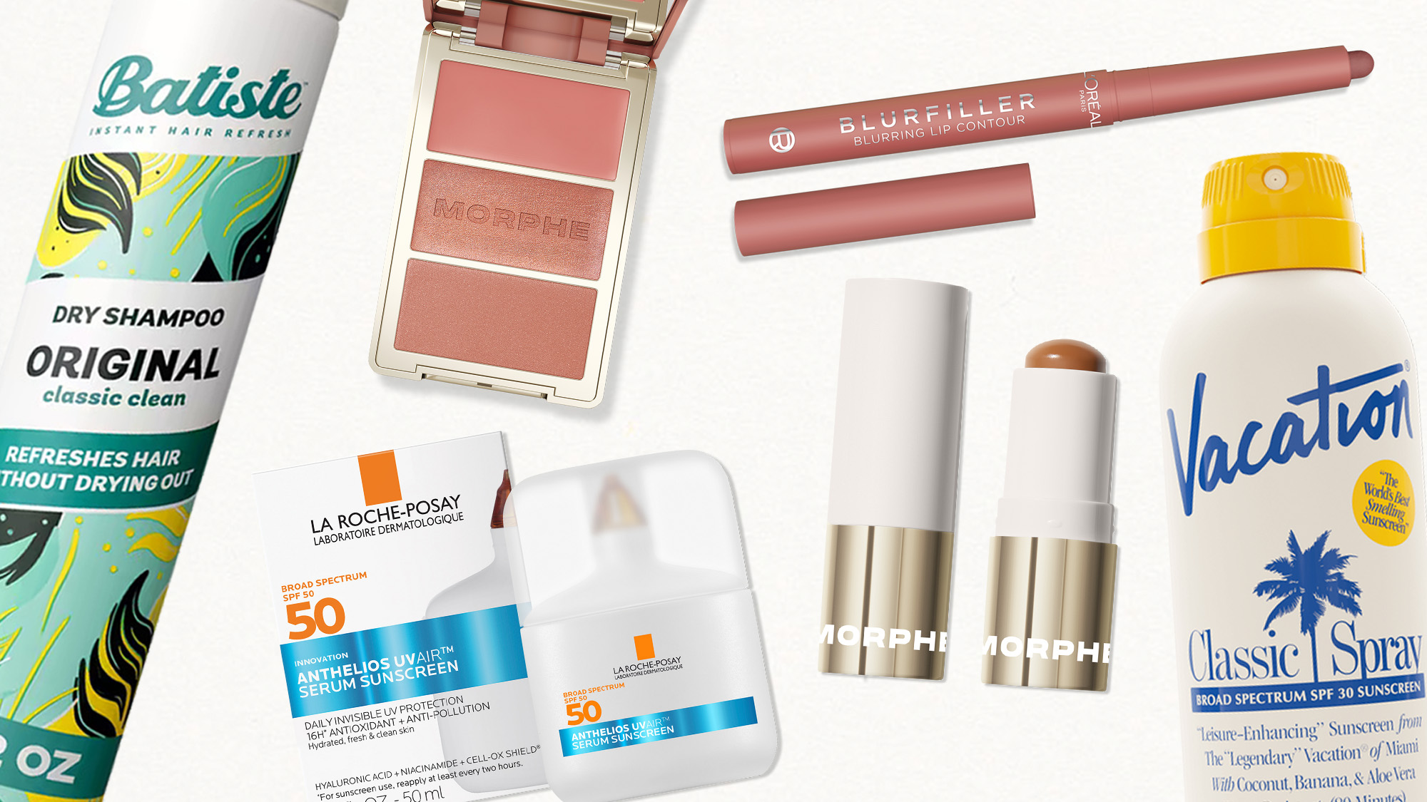 Collage of beauty products for Drugstore Heroes.