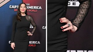 On the left, Liv Tyler is pictured wearing red lipstick and a black dress, as well as sporting a burgundy manicure at the World Premiere of Marvel Studios' "Captain America: Brave New World" at TCL Chinese Theatre on February 11, 2025 in Hollywood, California. On the right, is a close-up of the same picture, focusing on the burgundy nails on her left hand.