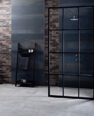shower storage ideas dark industrial bathroom ladder as storage by Original Style