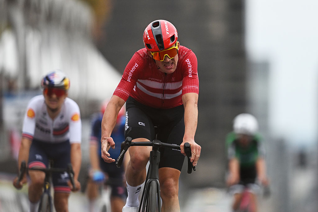 Mads Pedersen races across the finish line at the 2026 Road World Championships