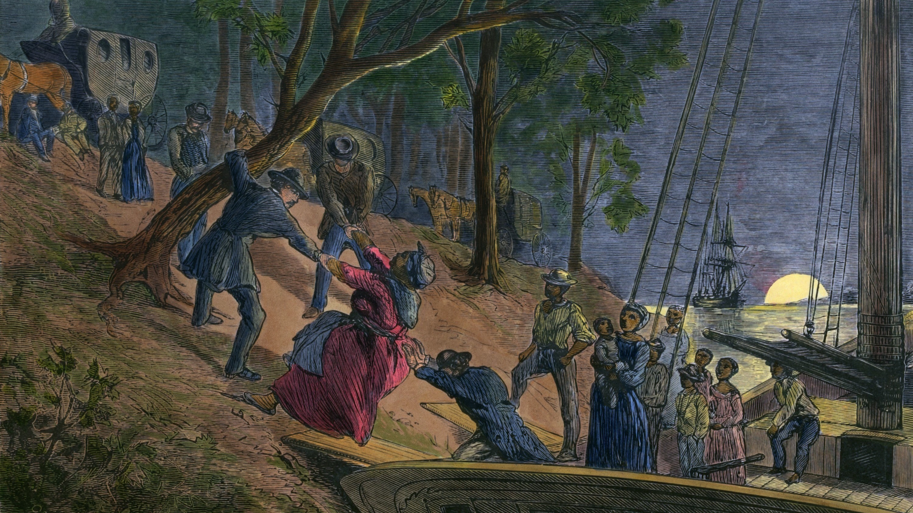 An illustration of fugitive enslaved people arriving in Philadelphia in 1856.