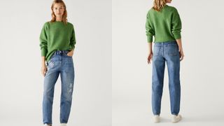 composite of model wearing M&S Mom Embroidered Ankle Grazer Jeans