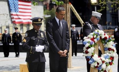 President Obama attends a 9/11 ceremony in New York City Thursday: Despite the gruesome circumstances of his killing, some say its OK to joke about bin Laden.