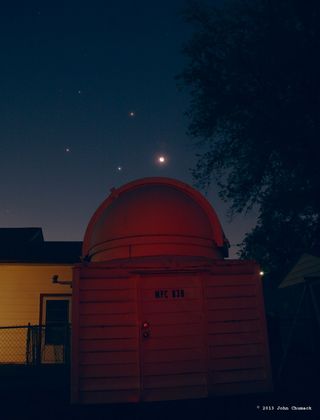 Astrophotographer John Chumack sent in a photo of Mars (red), Regulus (blue star) and the waning crescent moon in a triangle over his backyard observatory in Dayton, OH. Photo taken Oct. 1, 2013.