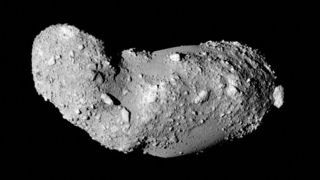 An image from the spacecraft Hayabusa of the asteroid Itokawa.