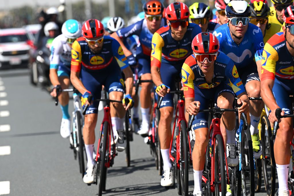 DUBAI HARBOUR DUBAI UNITED ARAB EMIRATES FEBRUARY 22 Juan Pedro Lopez of Spain and Team LidlTrek C competes during the 6th UAE Tour 2024 Stage 4 a 168km stage from Dubai Police Officers Club to Dubai Harbour UCIWT on February 22 2024 in Dubai United Arab Emirates Photo by Tim de WaeleGetty Images