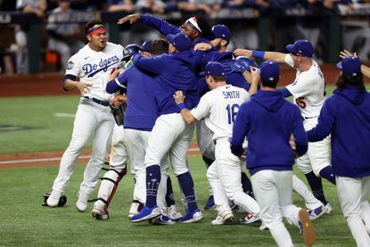 The Dodgers celebrate winning the World Series.