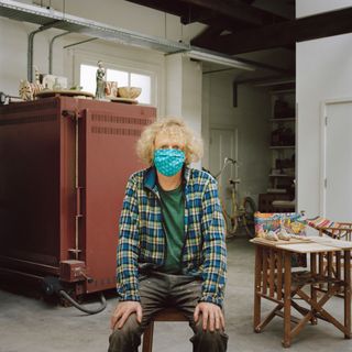 Portait image of Grayson Perry wearing a mask shot for Joanna Vestey's Masked portrait series
