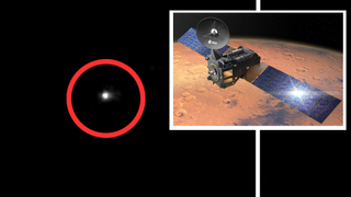 (Main) the interstellar comet 3I/ATLAS as seen by the ExoMars TRO (Inset) an illustration of the Mars orbiting spacecraft 