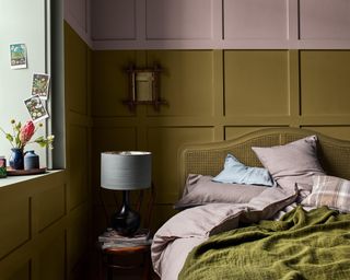 Khaki / Olive bedroom with wall paneling by DULUX