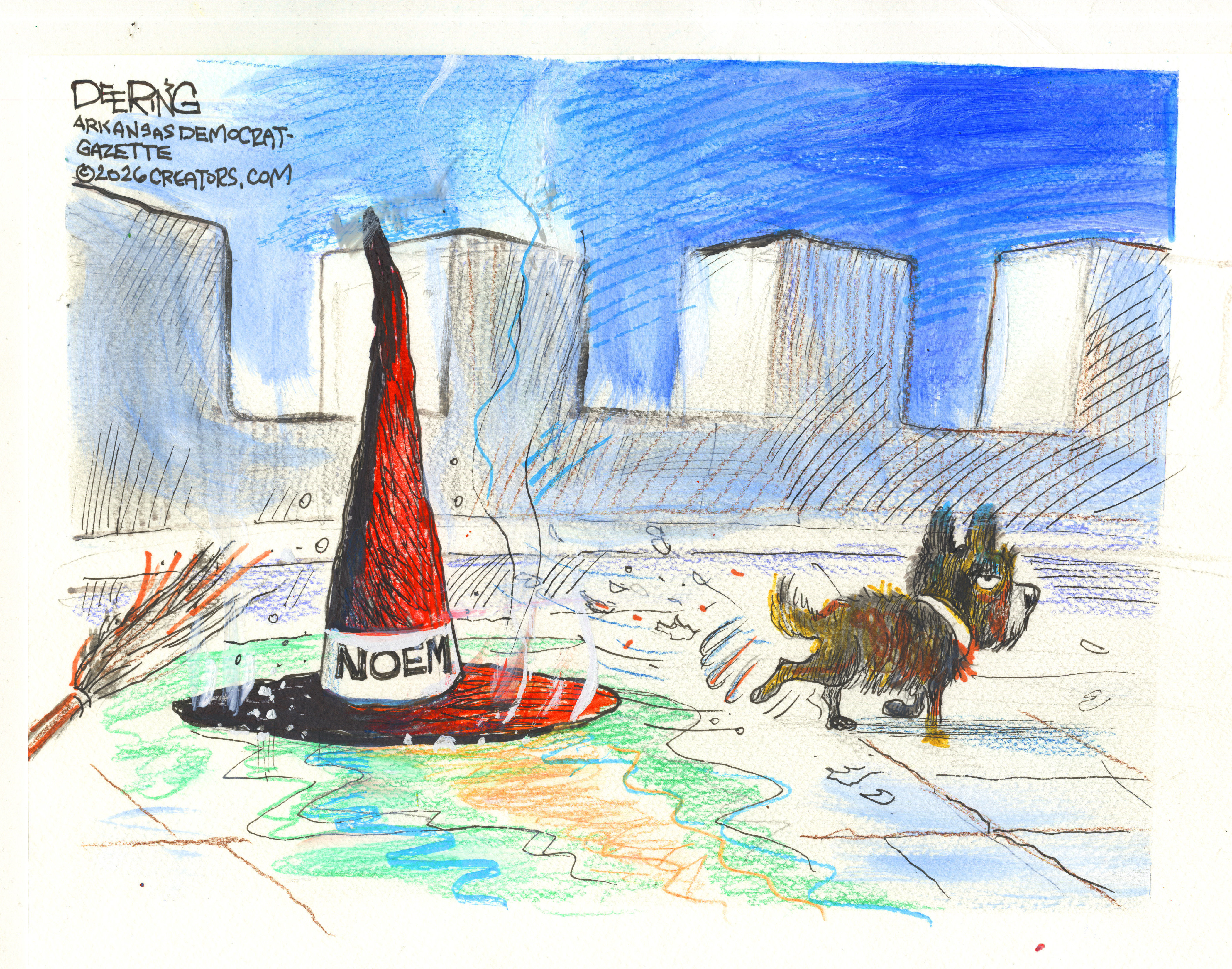 This cartoon depicts a witch hat labeled &amp;ldquo;Noem&amp;rdquo; and a broom sitting on ground without a person to be seen. A dog has just finished peeing on the hat and kicks dirt on it with his hind legs.