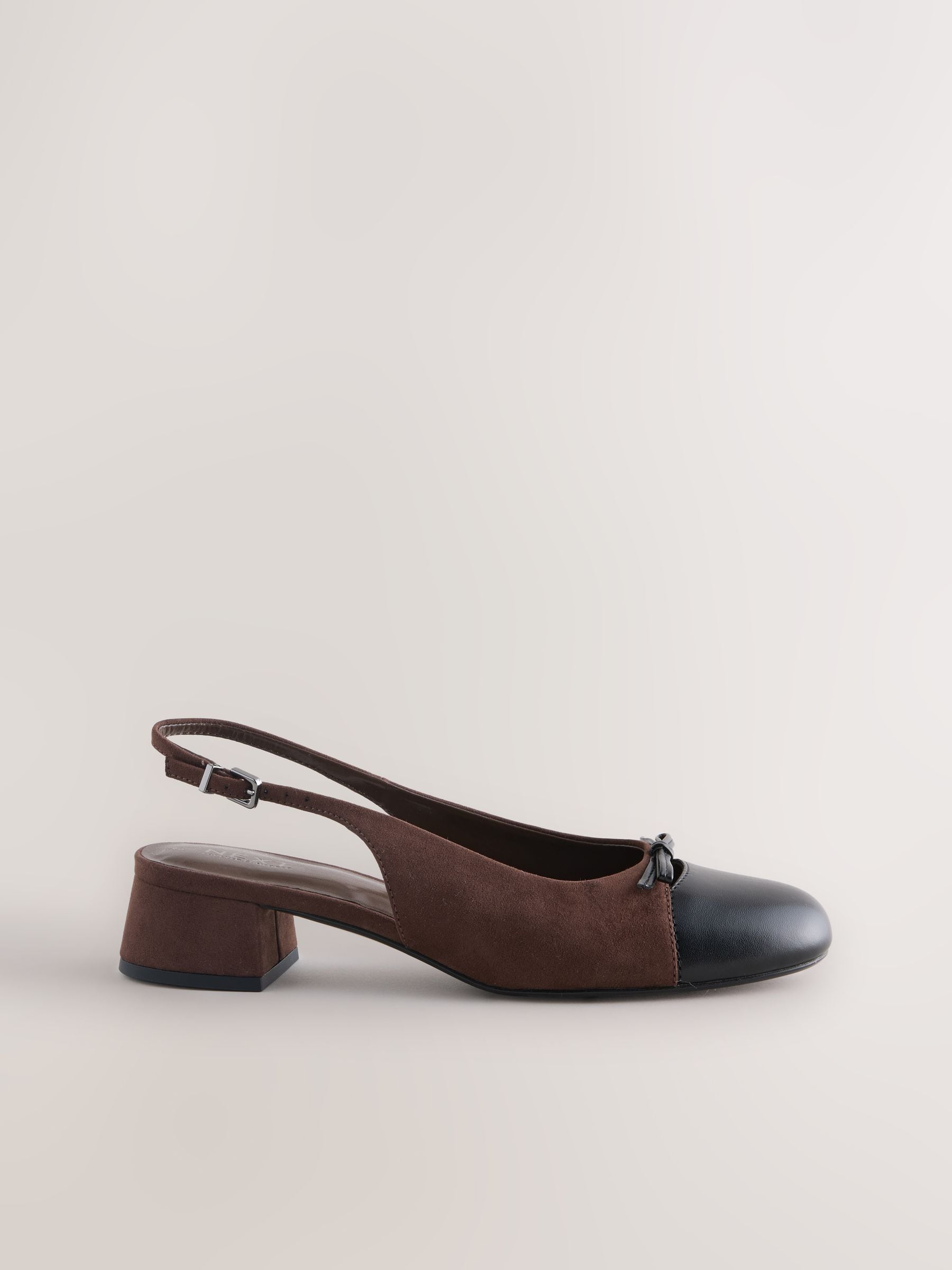 Chocolate Brown Round Toe Cap Bow Slingback Block Heels