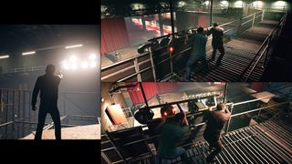 A split-screen screenshot of co-op game A Way Out and the characters escaping an enemy