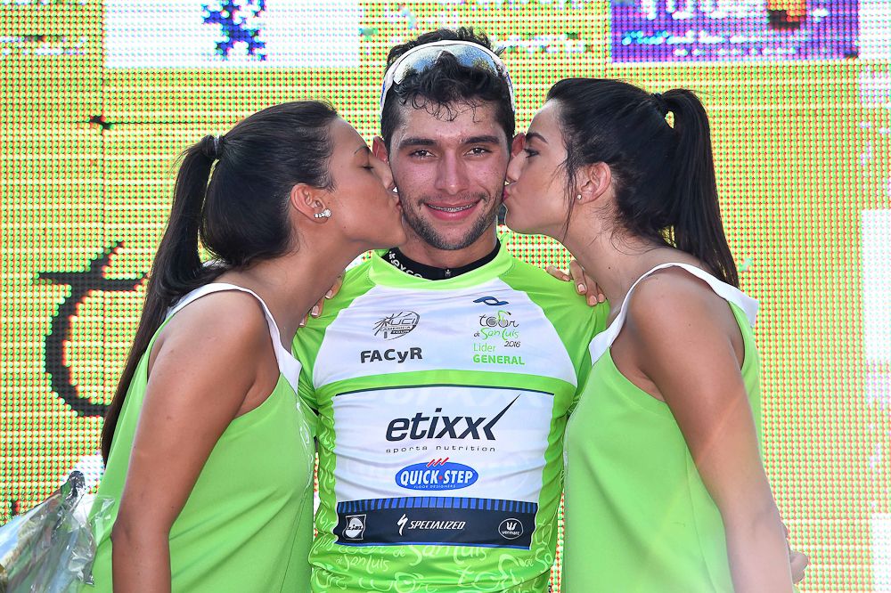 Fernando Gaviria on the stage 2 podium.