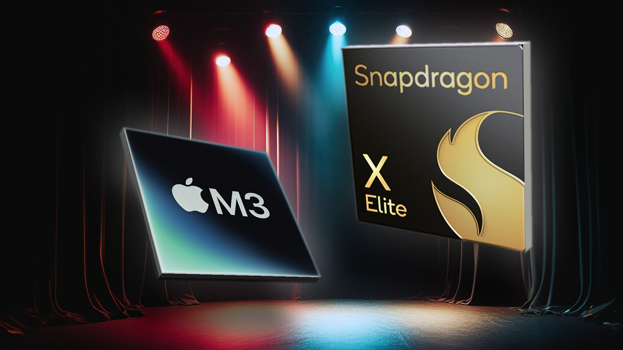 The Apple M3 and Qualcomm Snapdragon Elite X logos