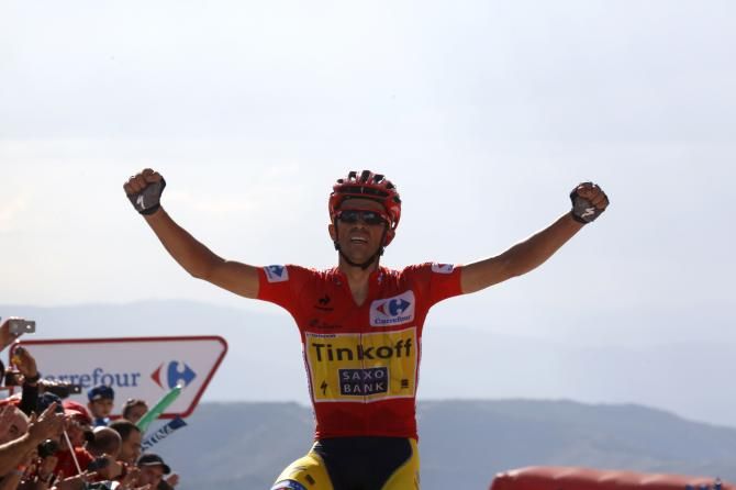 Alberto Contador (Tinkoff-Saxo) on alone wearing the leader's red jersey