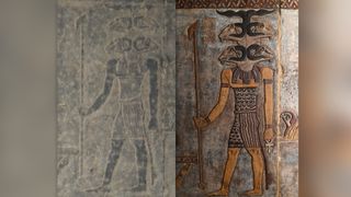 Ancient Egyptian temple ceiling before restoration, covered in thousands of years' worth of dust and soot. After restoration reveals iconography of Egyptian god with four rams' heads, possibly a representation of the sun god in the sixth hour of the day.