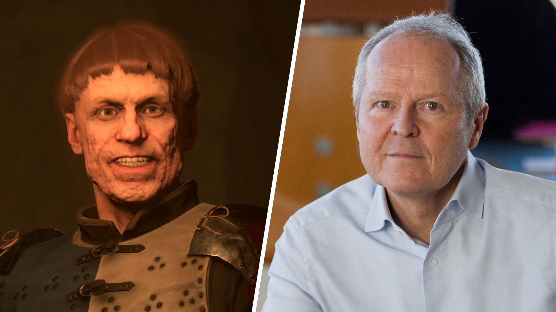 A split image featuring Yves Guillemot and Dry Devil from Kingdom Come: Deliverance 2.