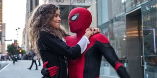 Zendaya as MJ and Tom Holland in Spider-Man suit at the end of Spider-Man: Far From Home