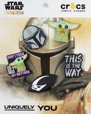 A 5 pack of Crocs Jibbitz themed around Star Wars The Mandalorian. Grogu features heavily.