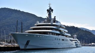 Eclipse, the private luxury yacht of Russian billionaire Roman Abramovich, anchors at Cruise Port in Marmaris district of Mugla, Turkiye on March 22, 2022