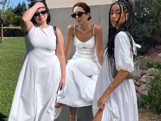 stylish fashion collage of influencers Marina Torres, Debora Rosa and Amaka Hamelijnck wearing chic white dresses