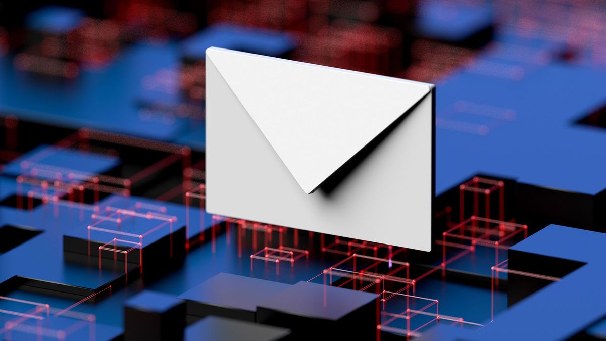 A digital render of an envelope, floating above blue cubes and the outlines of cubes made of red energy