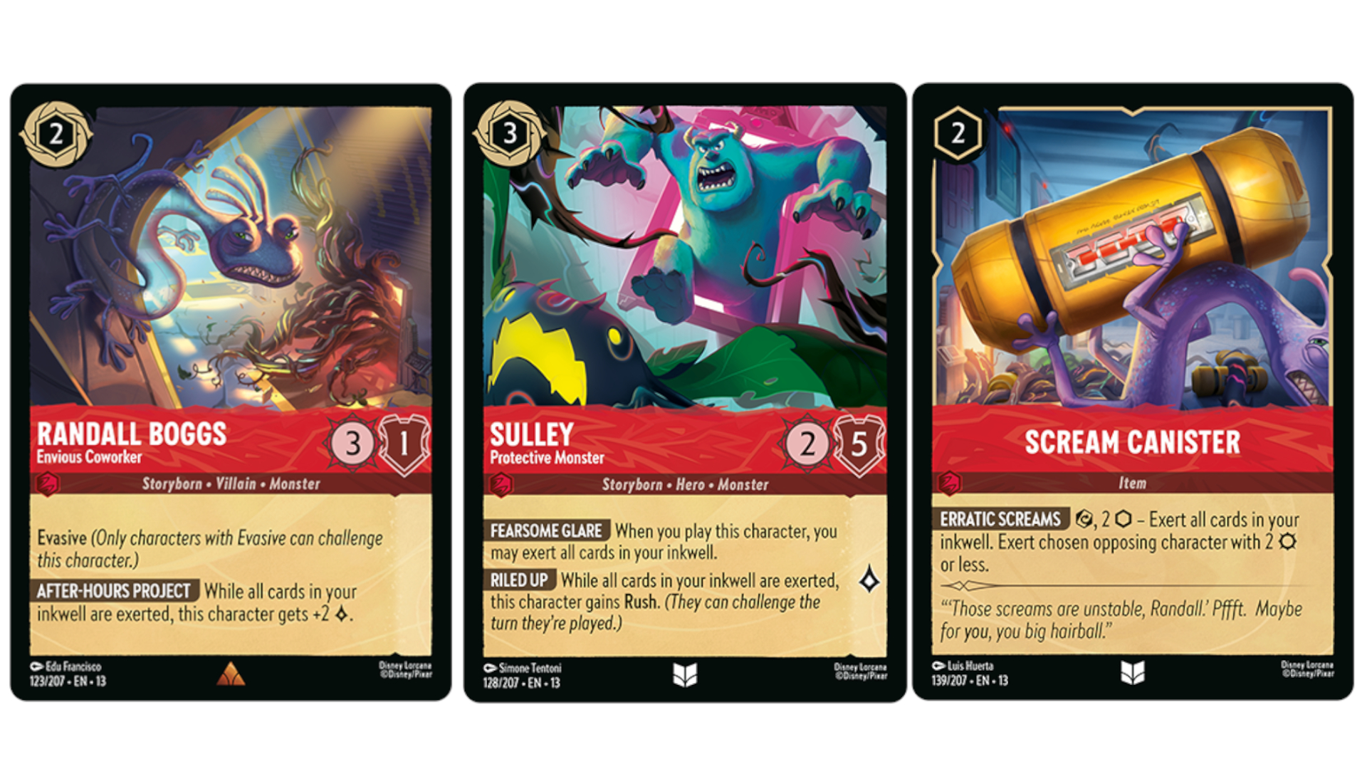 Randall Boggs, Sulley, and Scream Canister cards on a plain background
