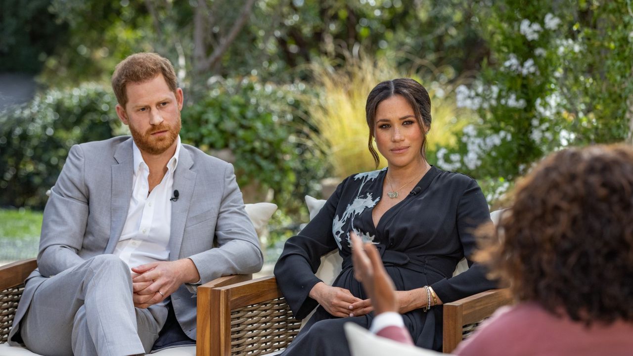 UNSPECIFIED - UNSPECIFIED: In this handout image provided by Harpo Productions and released on March 5, 2021, Oprah Winfrey interviews Prince Harry and Meghan Markle on A CBS Primetime Special premiering on CBS on March 7, 2021. (Photo by Harpo Productions/Joe Pugliese via Getty Images)