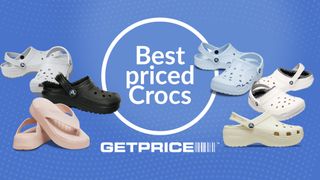 Blue background with a white cirlce in the middle around writing that says Best pried Crocs with scattered images of Crocs around it