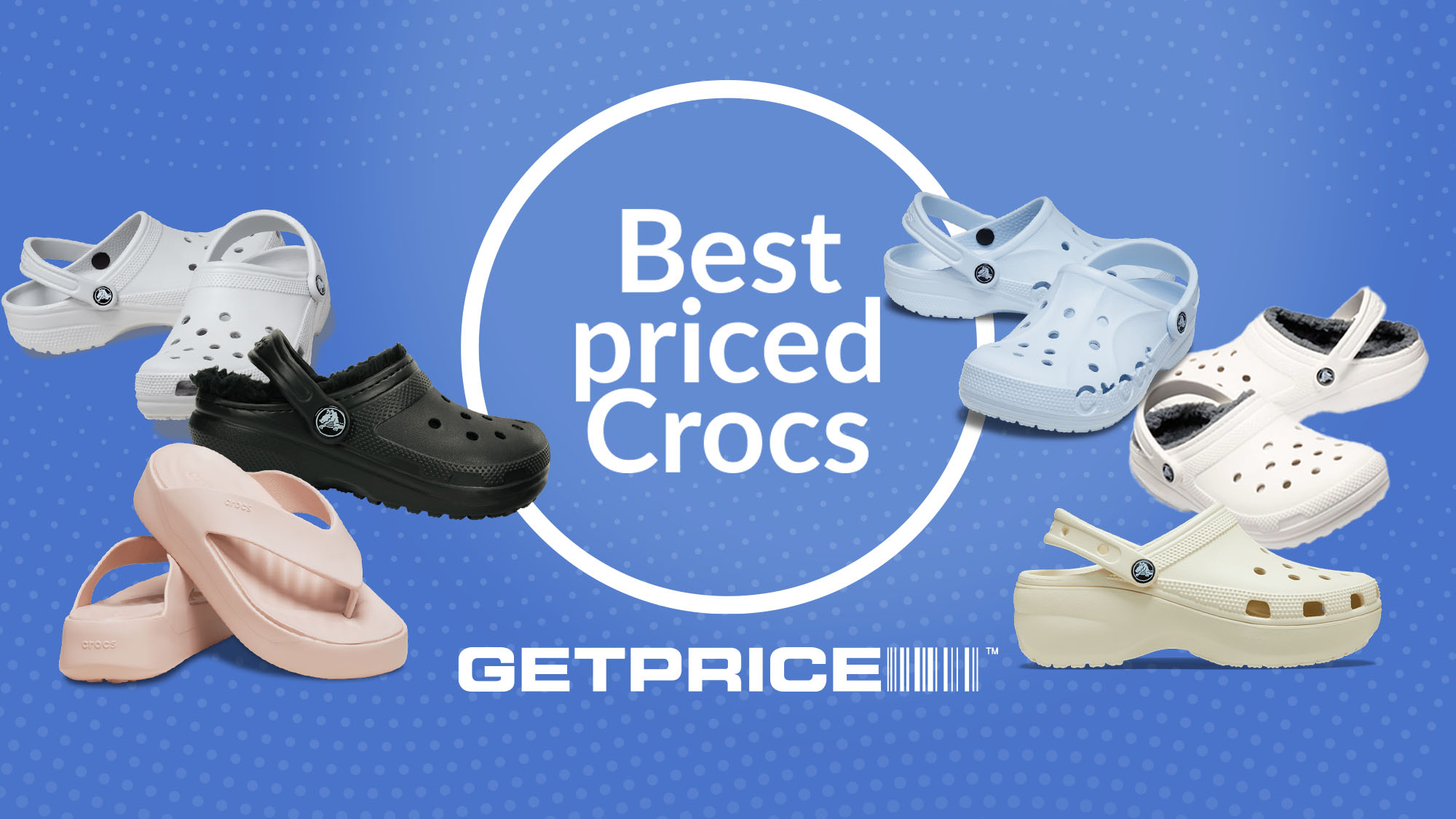 Blue background with a white cirlce in the middle around writing that says Best pried Crocs with scattered images of Crocs around it