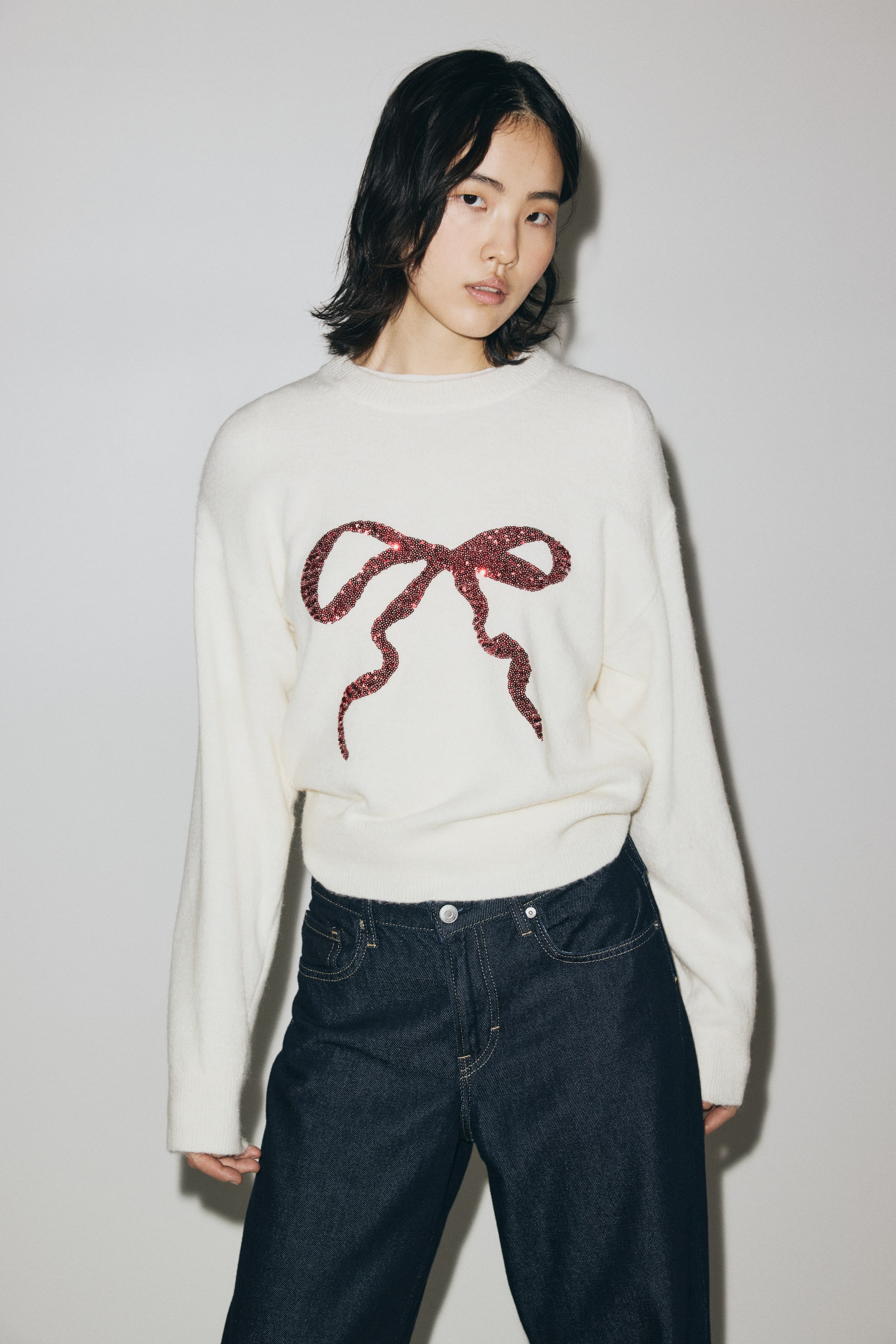 Sequin-Motif Jumper - White/bow
