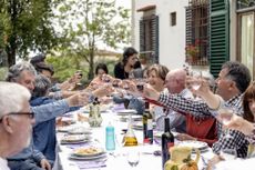 Family toasting at outdoor lunch in garden, Florence, Italy