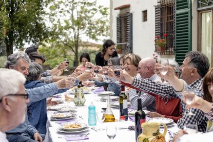 Family toasting at outdoor lunch in garden, Florence, Italy
