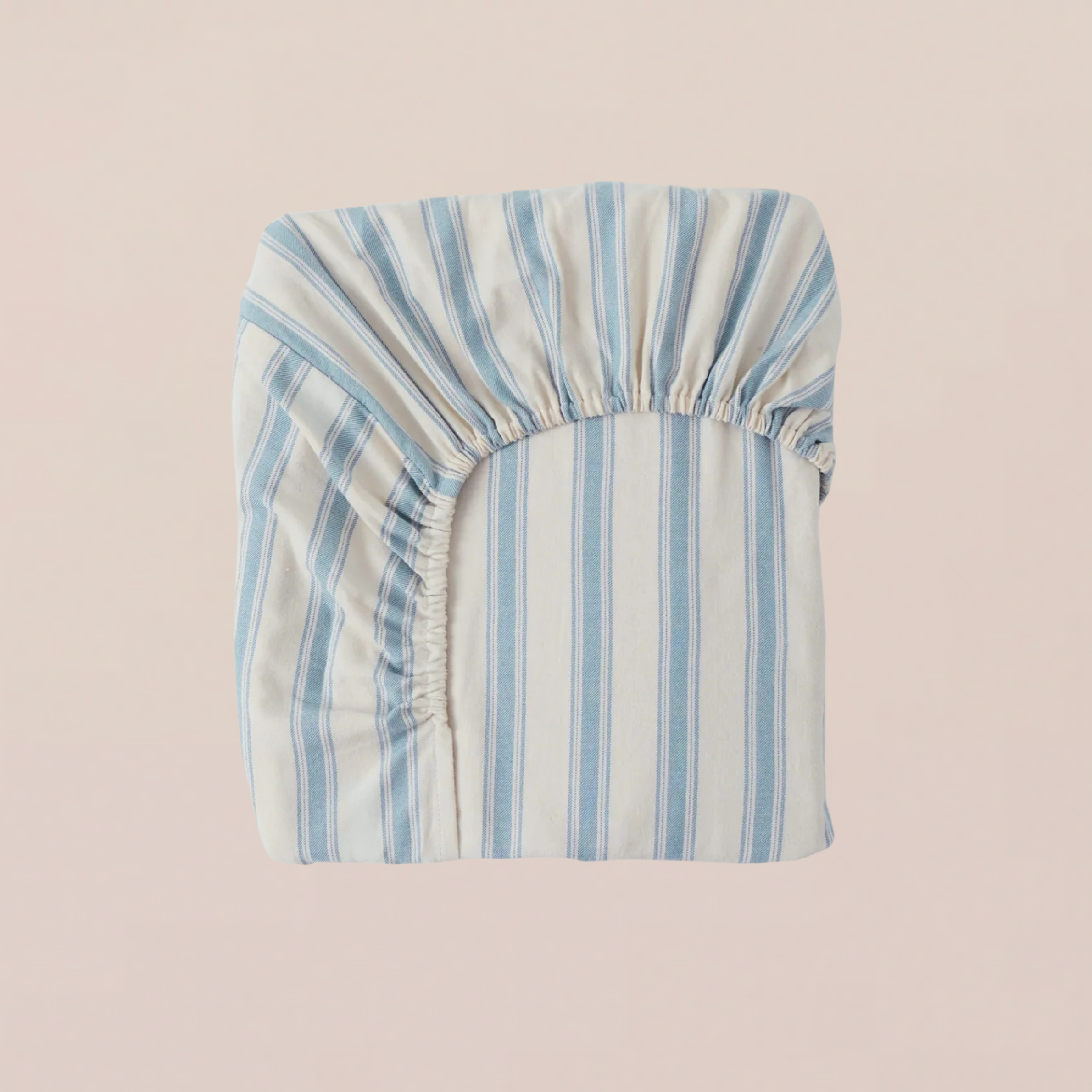A blue and taupe striped flannel fitted sheet