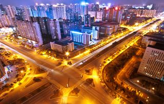 A street intersection at night